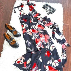Olivaceous Women’s Maxi Dress Size Medium Black Floral Coral White Flowy Party